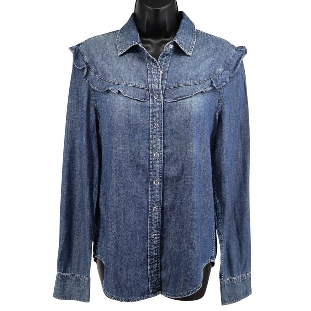 AG‎ Adriano Goldschmied Blue Chambray Ruffle Western Snap Shirt Sz S NWOT Sample